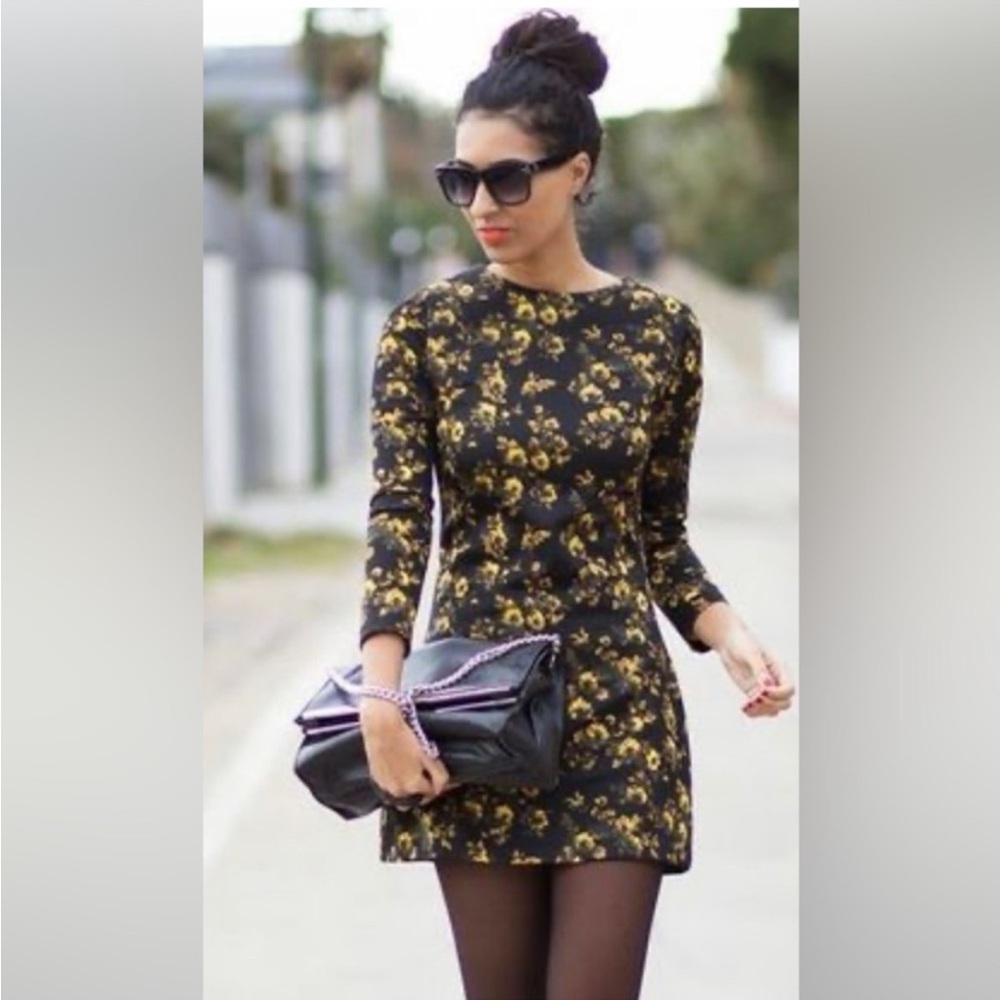 Zara woman XS Black body on dress with small, yellow flowers. Made in Morocco!